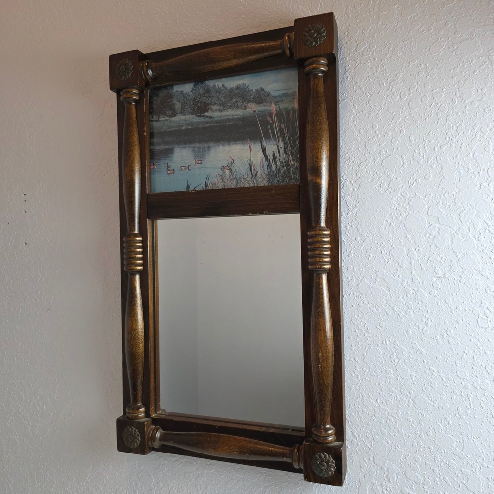Vintage Rustic Wood Wall Mirror Scenic Duck Nature Print Spindle Frame Rosettes - Picture 1 of 16